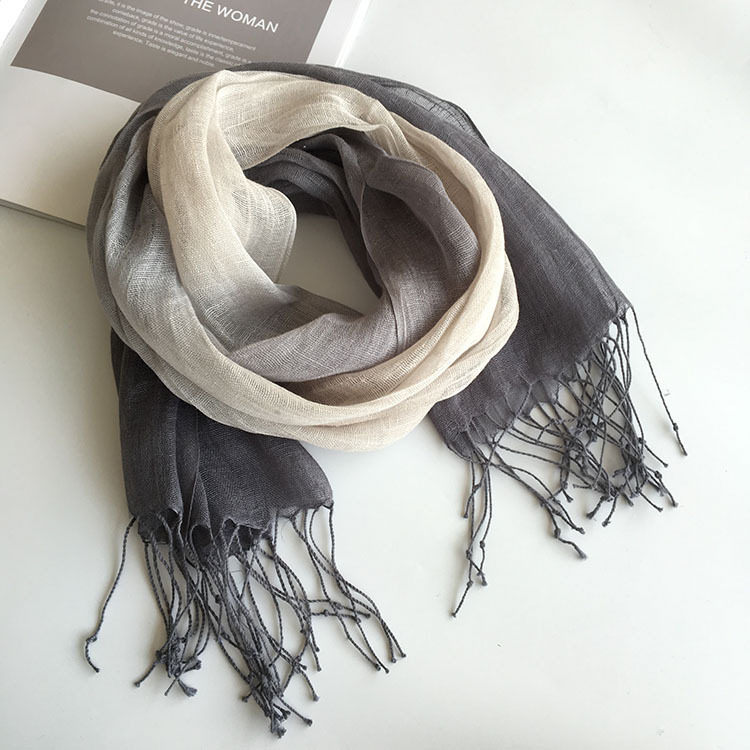 日系纯亚麻围巾渐变色春夏薄款文艺素雅遮阳披肩丝巾女百搭