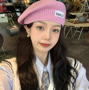 贴布针织贝雷帽女甜妹显白粉红色百搭画家帽保暖显脸小帽子潮冷帽