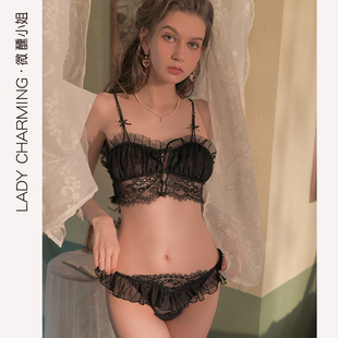 Miss微醺性感文胸女蕾丝内衣内裤套装纯欲情调胸罩黑色无钢圈薄款