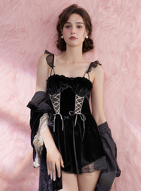 丝绒带胸垫吊带睡裙女性感紫色睡衣2023秋冬季纯欲风黑色蕾丝套装