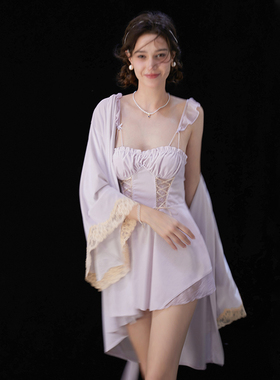 丝绒带胸垫吊带睡裙女性感紫色睡衣2023秋冬季纯欲风黑色蕾丝套装