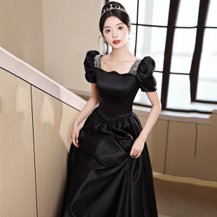 日本品質(zhì)黑色晚禮服裙女緞面高級感高端輕奢小眾氣質(zhì)宴會春季 藝考