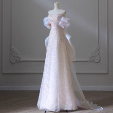 日本品质高端重工轻婚纱一字肩新娘气质轻奢小众鱼尾订婚礼服迎宾