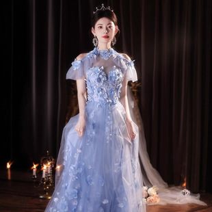 日本品质新款 立体花瓣蓬蓬纱公主裙钢琴演奏 蓝色挂脖式 晚礼服法式