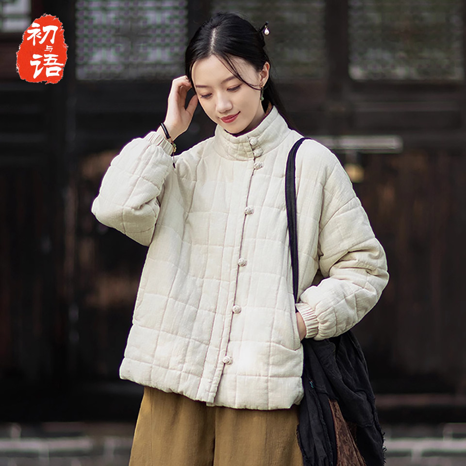 25冬季宽松立领保暖棉服外套女中式复古休闲夹棉绗缝方格盘扣棉衣