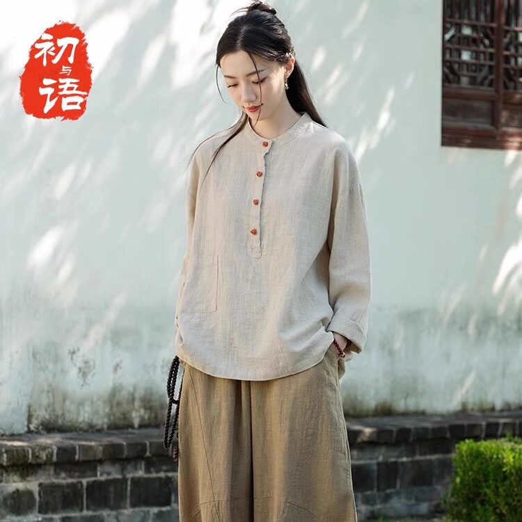 棉麻上衣女2025春秋款立领覆古国风T恤苎麻长袖衬衫禅意太极茶服