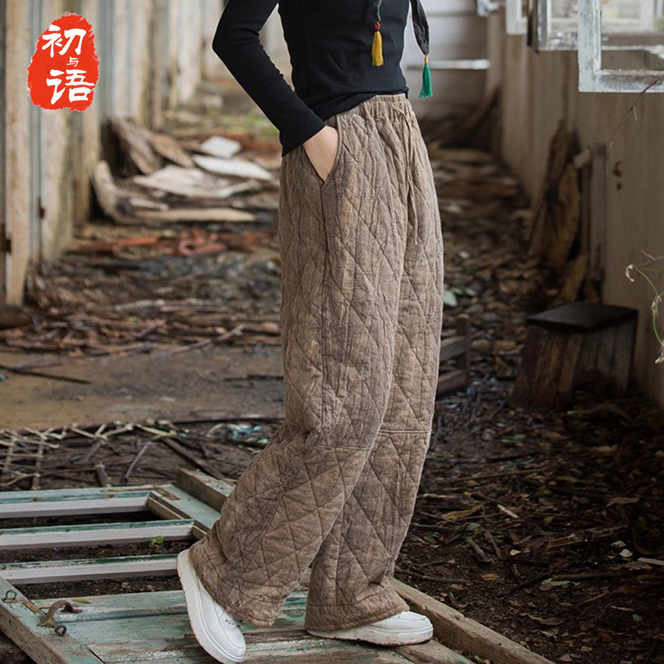 冬季保暖棉裤女式26新款绗缝直筒裤高端苎麻扎染宽松夹棉加厚长裤