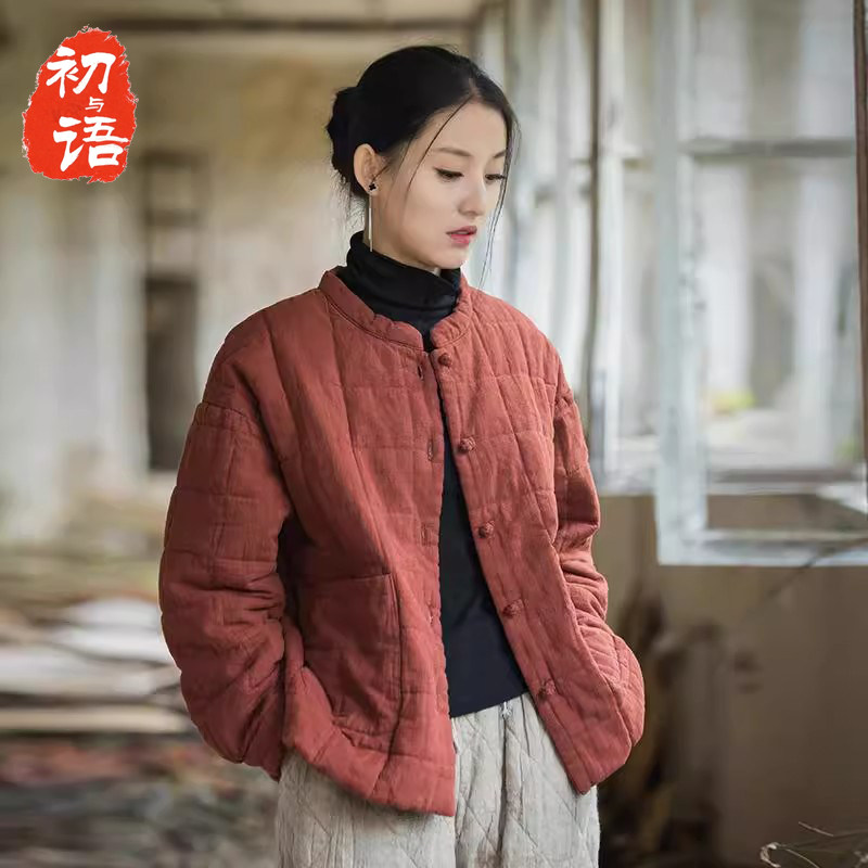 棉服女2025年新款冬季苎麻夹棉菱格外套短棉袄中式小立领盘扣棉衣