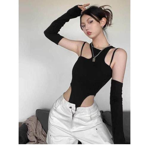 设计感性感辣妹网纱拼接连体衣女新欧美紧身显瘦长袖内搭打底上衣