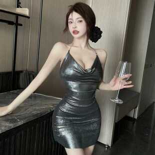 欧美性感甜辣风荡领挂脖吊带连衣裙亮面紧身显瘦包臀短裙