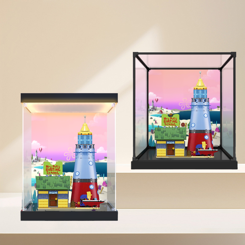 适用AREAX砖区积木海绵宝宝比奇堡驾校模型手办高清防尘罩收纳盒