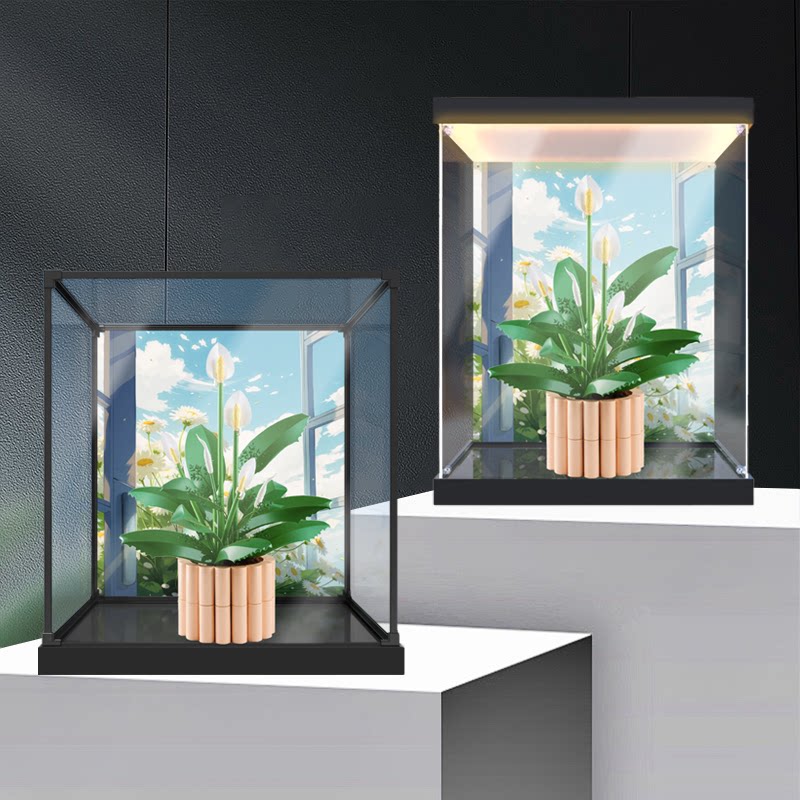 冰鹏适用 11504和平百合积木花卉系列积木模型亚克力灯光收纳盒