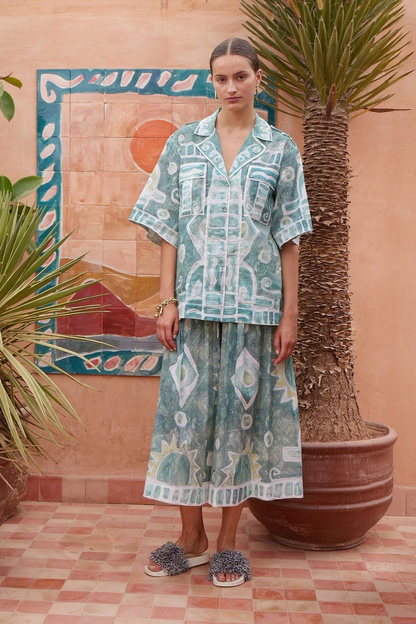 欧洲站苎麻棉绿色抽象手绘印花翻领短袖衬衫+阔腿裤两件套2026女,女装/女士精品,时尚套装,淘宝优惠券,粉丝福利购,淘宝优惠卷