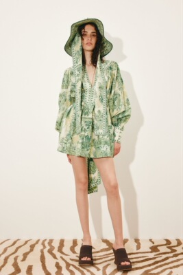 欧洲站真丝丝绵绿野仙踪印花系带收腰连衣裙2026新款度假休闲短裙