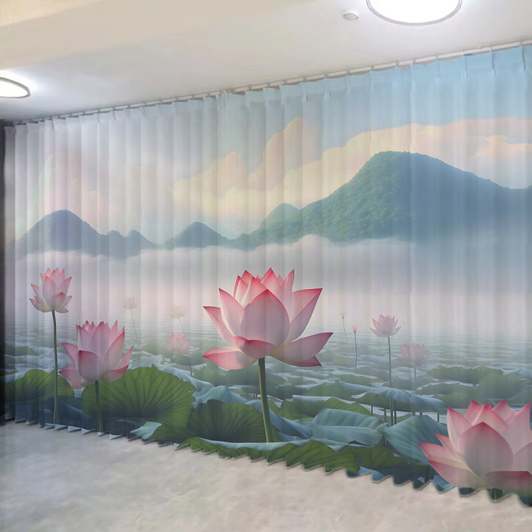 禅意诗画竹子荷花纱帘意境写意中式窗帘中国风山水画客厅餐厅包间