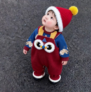 婴儿拜年服过年新年冬季加绒宝宝衣服冬装洋气喜庆连体背带裤套装