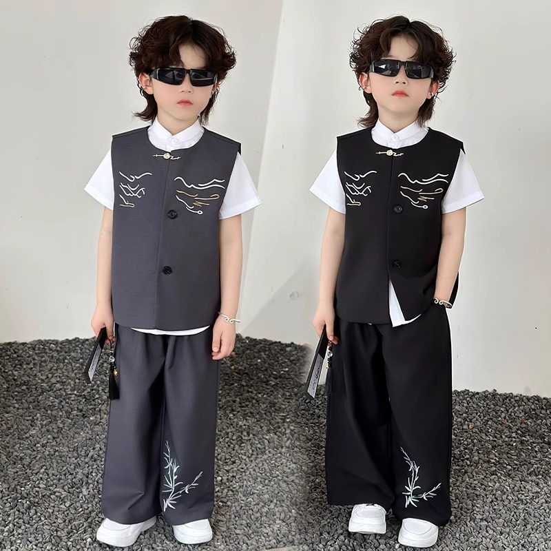 汉服男童夏天儿童主持人新中式唐装男孩国风礼服小学生朗诵演出服