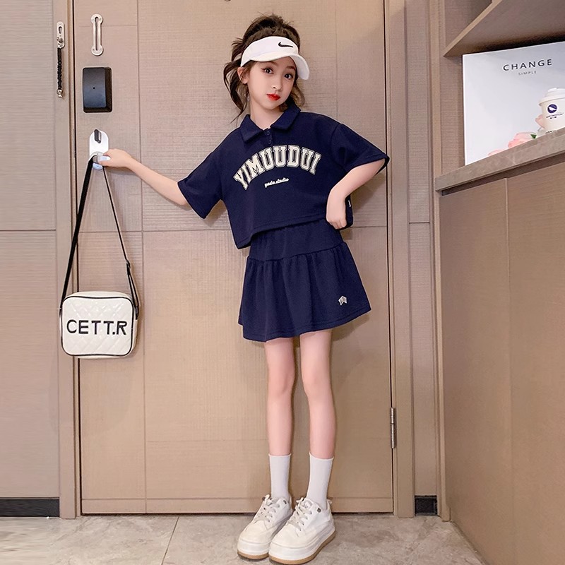 法国女童套装夏季2025新款t洋气儿童纯棉短袖T恤两件套短裤中大童