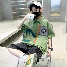 韩国男童夏季绿色覆古风短袖polo衫2025新款潮纯棉T恤薄款宽松