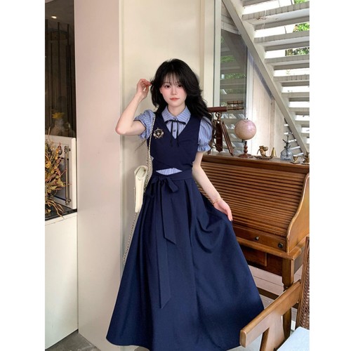 高级蝴蝶结裙子系带假两件连衣裙