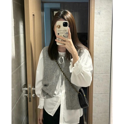 韩系休闲穿搭女叠穿系带无袖针织马甲开衫白色泡泡袖衬衫两件套装