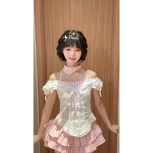 女夏日新款 甜美少女感纯欲风小个子上衣粉色格纹蛋糕裙子两件套装