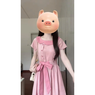 条纹收腰气质长裙 2025新款 洋气减龄粉色甜美连衣裙子女装 夏季 短袖