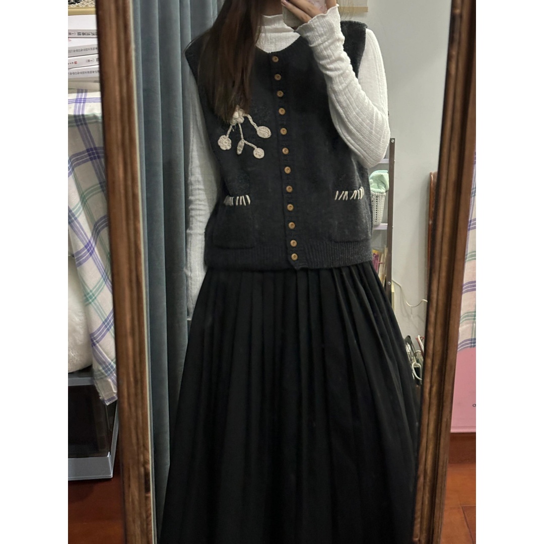 开衫针织马甲长袖衬衫半身裙套装