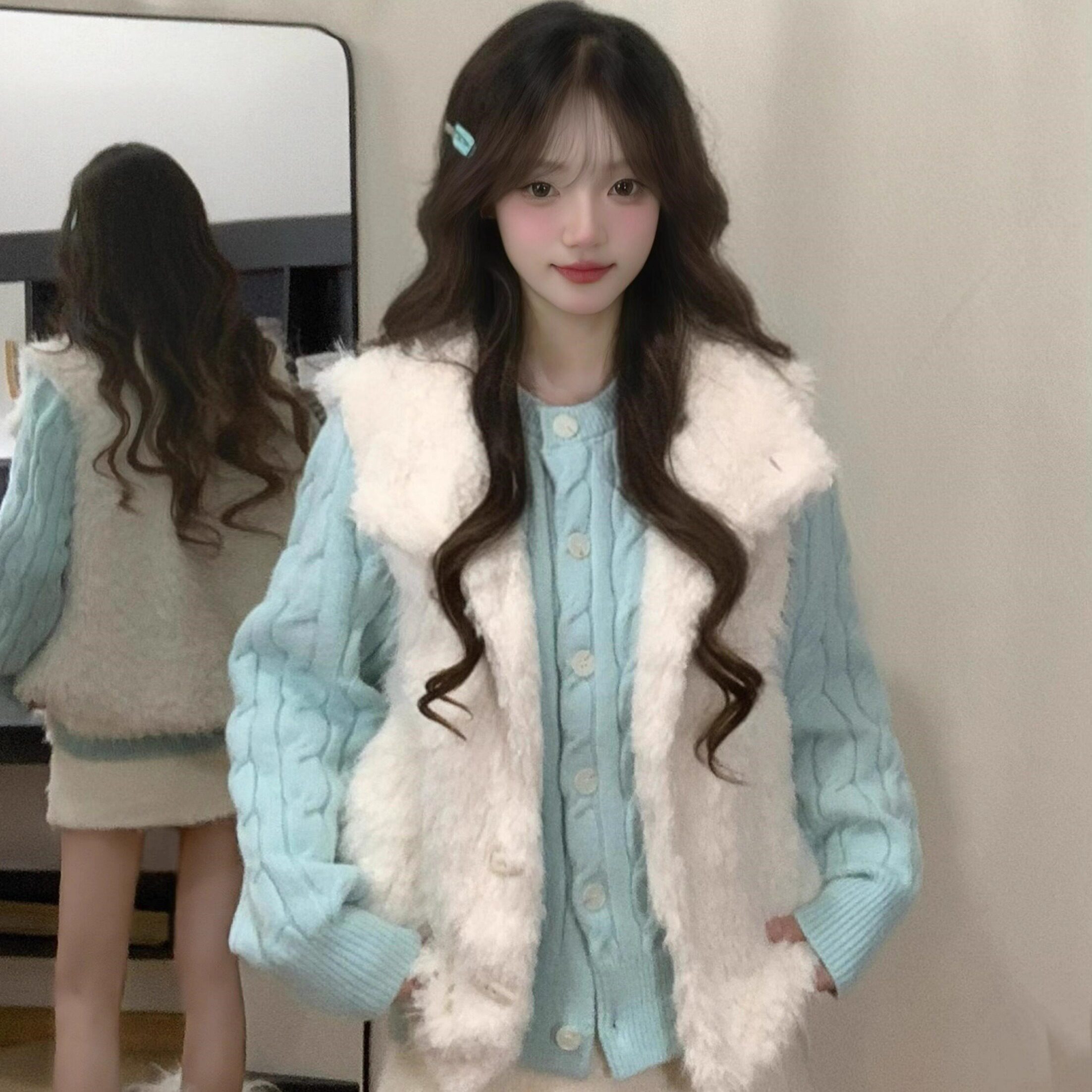 冬季新品韩系学院风甜美毛茸茸软糯开衫马甲女+麻花针织毛衣套装