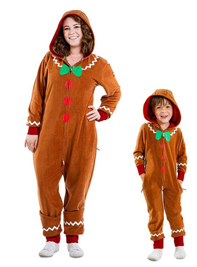 圣诞节欧美亚马逊爆款 姜饼人亲子法兰绒连体套装 厂家一件代发