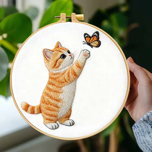 猫咪与蝴蝶刺绣材料包 北欧 ins客厅装饰手工DIY挂画
