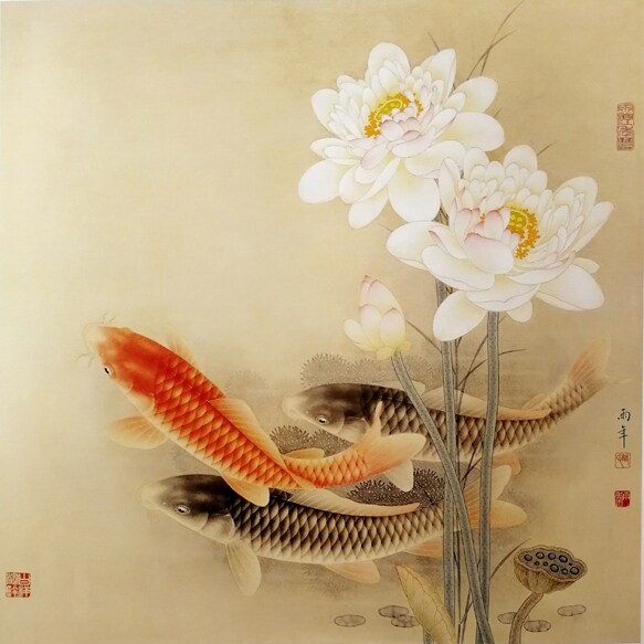 工笔画底稿荷花鲤鱼斗方 白描打印稿毛笔勾线宣纸稿