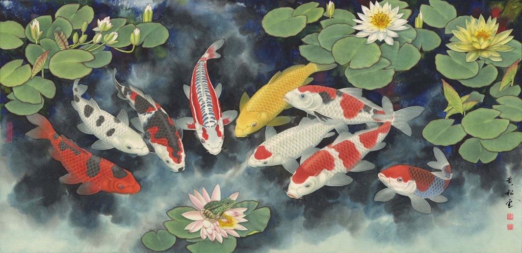 画家黄河工笔画鲤鱼作品吉祥锦鲤九鲤聚宝4尺横幅宣纸本悬挂装饰