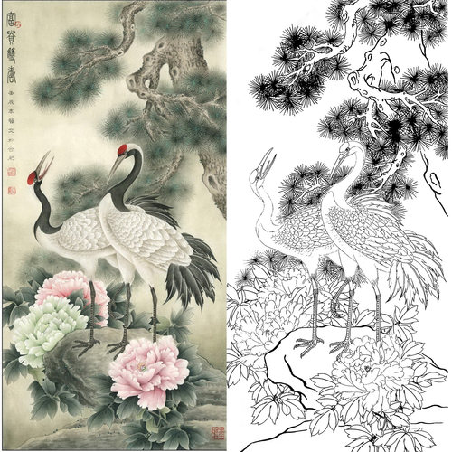 仙鹤富贵白描打印稿勾线工笔画