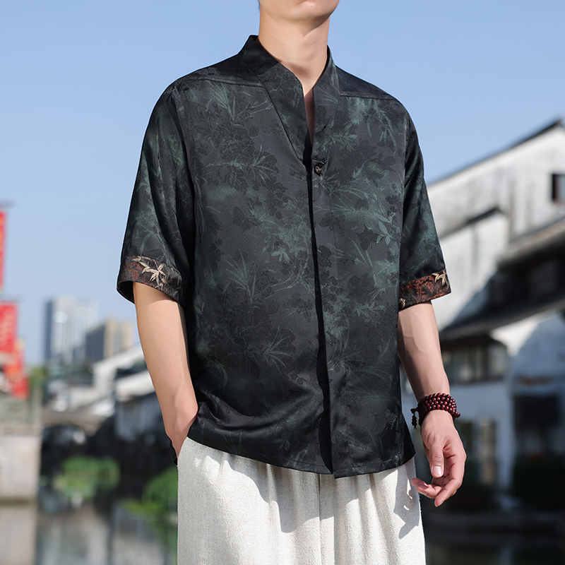 新中式半袖宽松落肩盘扣交领衬衫大气金竹短袖A087-1-YM665P75，男装T恤，电商A087-1