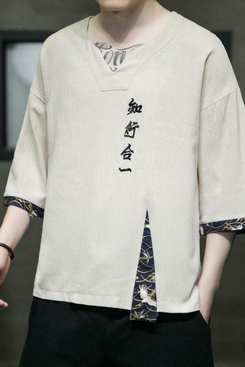 2025新中式刺绣知行合一短袖t恤复古五分袖男A087-1-YM611-P55,男装T恤,电商A087-1