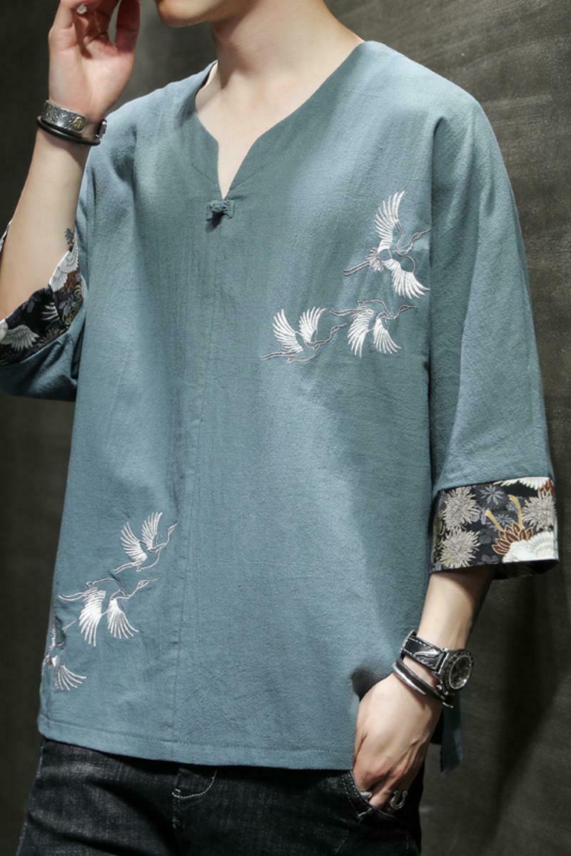 风2025仙鹤刺绣古风短袖薄V领盘扣T恤A087-1-YM907-P55控65,男装T恤,电商A087-1