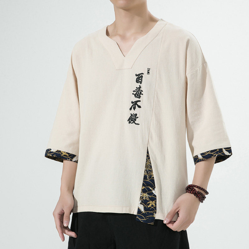 新中式风刺绣百毒不侵短袖t恤复古五分袖男A087-1-YM911-P55,男装T恤,电商A087-1