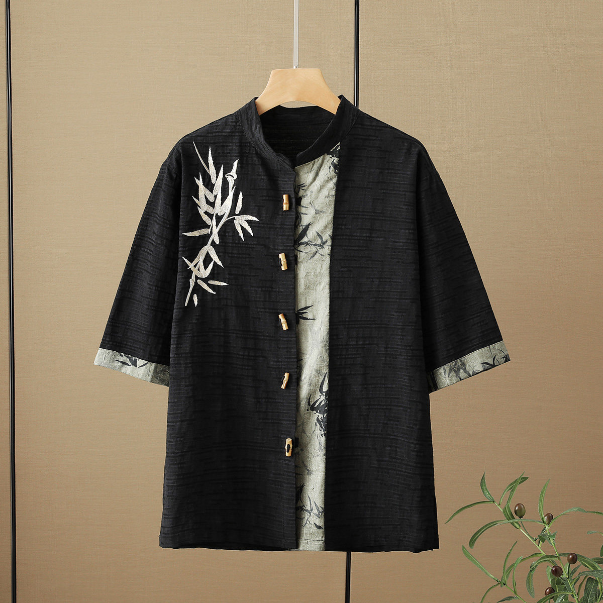 新中式竹扣竹叶刺绣棉麻五分袖提花面料古装衬衫A087-1-YM718-P75,男装T恤,电商A087-1