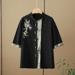 新中式竹扣竹叶刺绣棉麻五分袖提花面料古装衬衫A087-1-YM718-P75图片