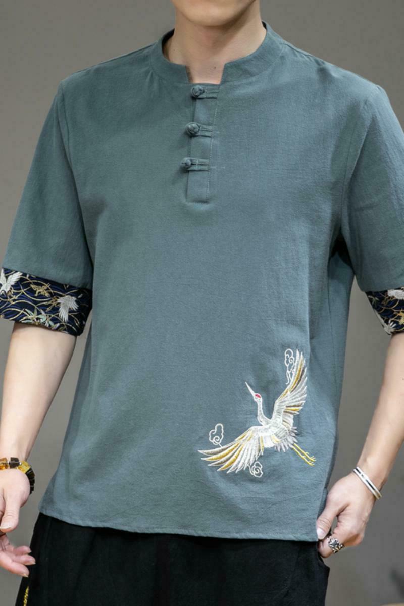 新中式夏季薄款仙鹤刺绣V领盘扣五分袖T恤男A087-1-YM901-P55,男装T恤,电商A087-1