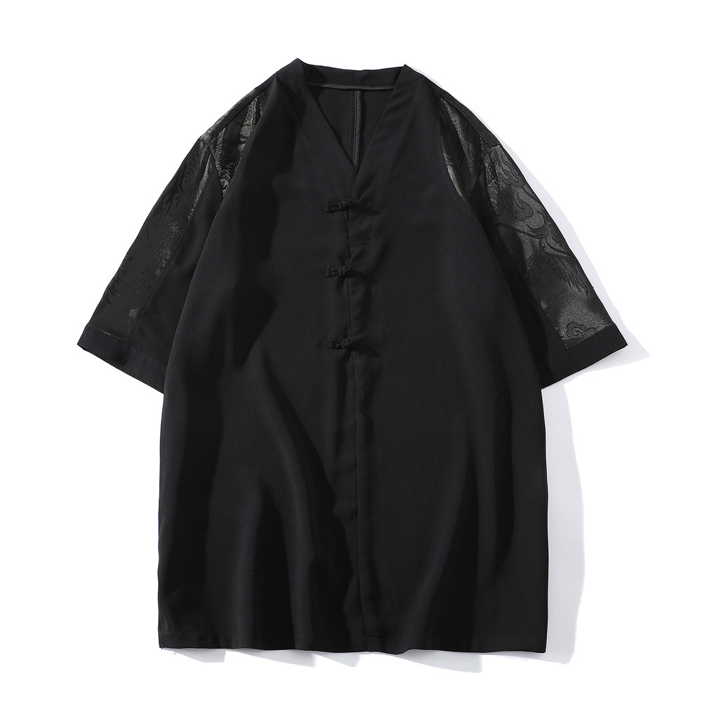 新中式风夏款拼接盘扣宽松汉服唐装短袖T恤A087-1-YM951-P55,男装T恤,电商A087-1