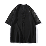 新中式风夏款拼接盘扣宽松汉服唐装短袖T恤A087-1-YM951-P55，男装T恤，电商A087-1