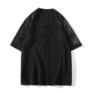 新中式风夏款拼接盘扣宽松汉服唐装短袖T恤A087-1-YM951-P55图片
