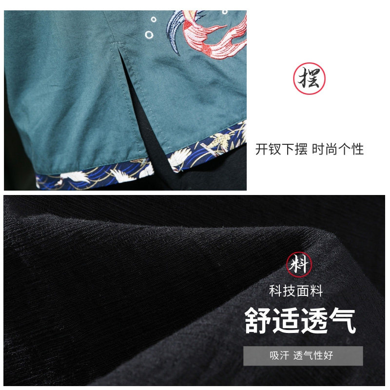 风春夏款锦鲤刺绣拼接盘扣五分袖宽松衬衫男A087-1-YM953-P65,男装T恤,电商A087-1