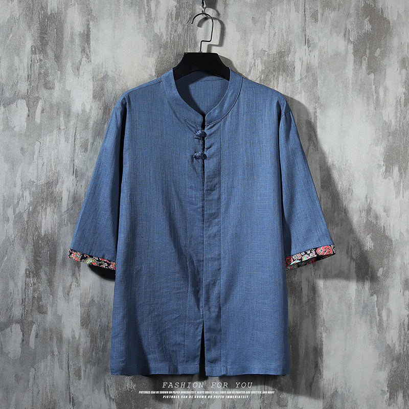 2023风春夏款拼接盘扣汉服唐装亚短袖衬衫A087-1-YM952-P55,男装衬衫,电商A087-1
