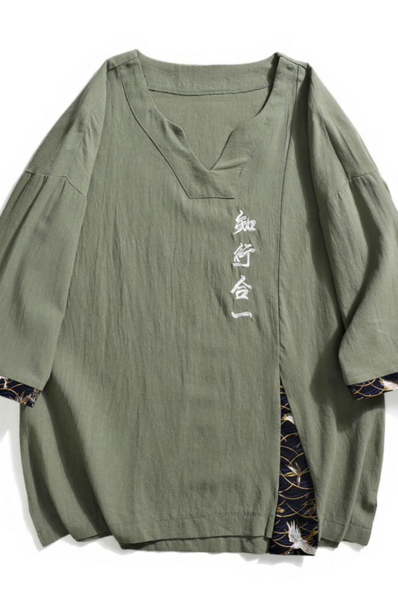 2025风刺绣知行合一短袖t恤复古五分袖男A087-1-YM611-P55,男装T恤,电商A087-1
