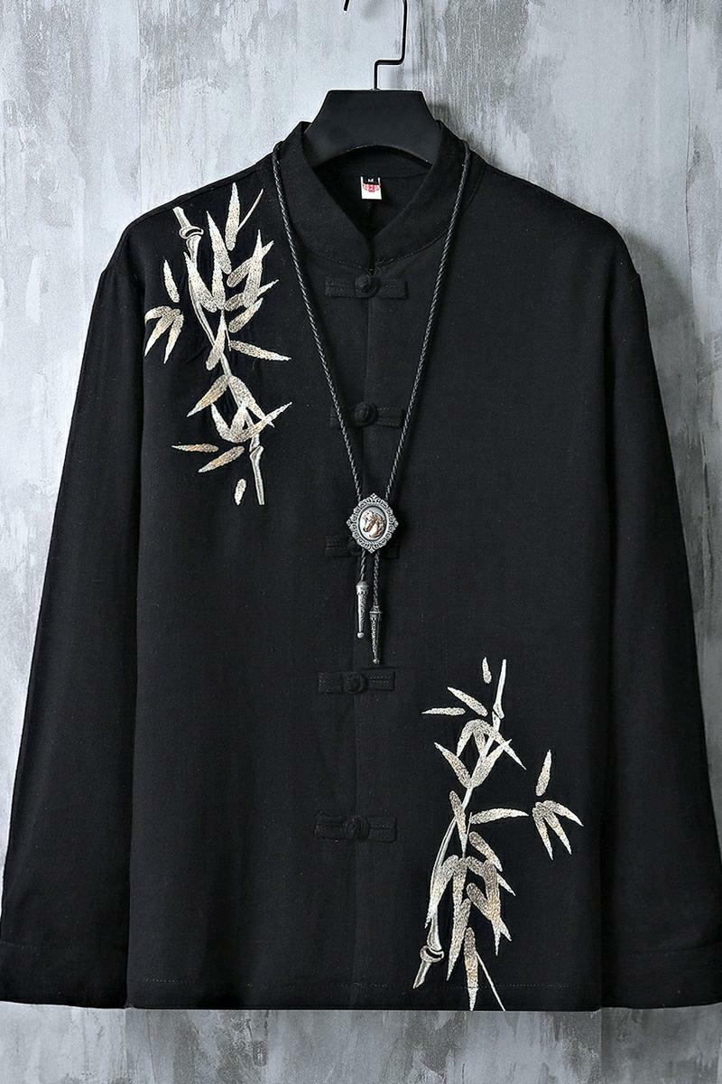 风亚麻盘扣长袖衬衫竹叶刺绣拼接古装衬衣A087-1-YM716-P85,男装衬衫,电商A087-1