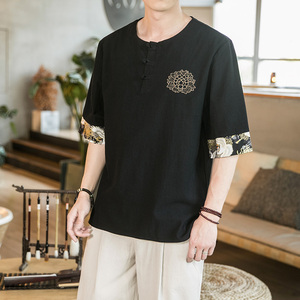 风夏季圆领盘扣五分袖薄款荷花刺绣T恤男A087-1-YM902-P55图片