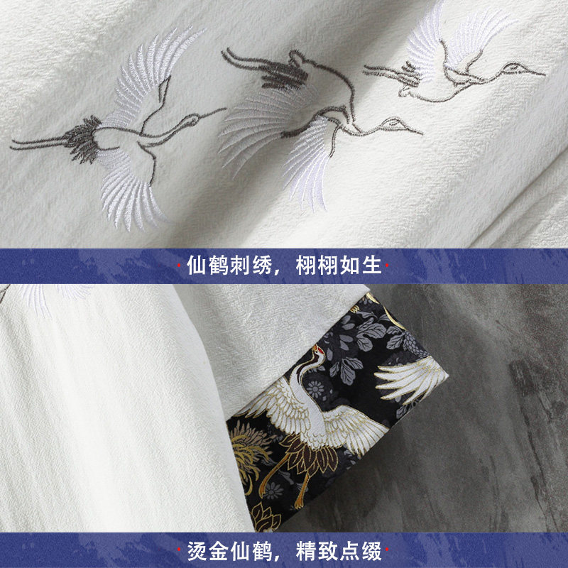 风夏季古风短袖仙鹤刺绣薄V领盘扣T恤A087-1-YM907-P55控65,男装T恤,电商A087-1